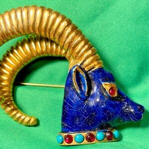 Rare Vintage Mint Richeliou Blue Enamel Rams Head Pin Brooch#205969474156